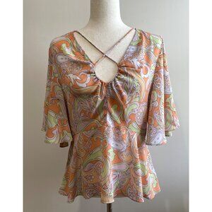 Cato Keyhole Bell Sleeve Blouse Womens L Peach 60s Print Flowy